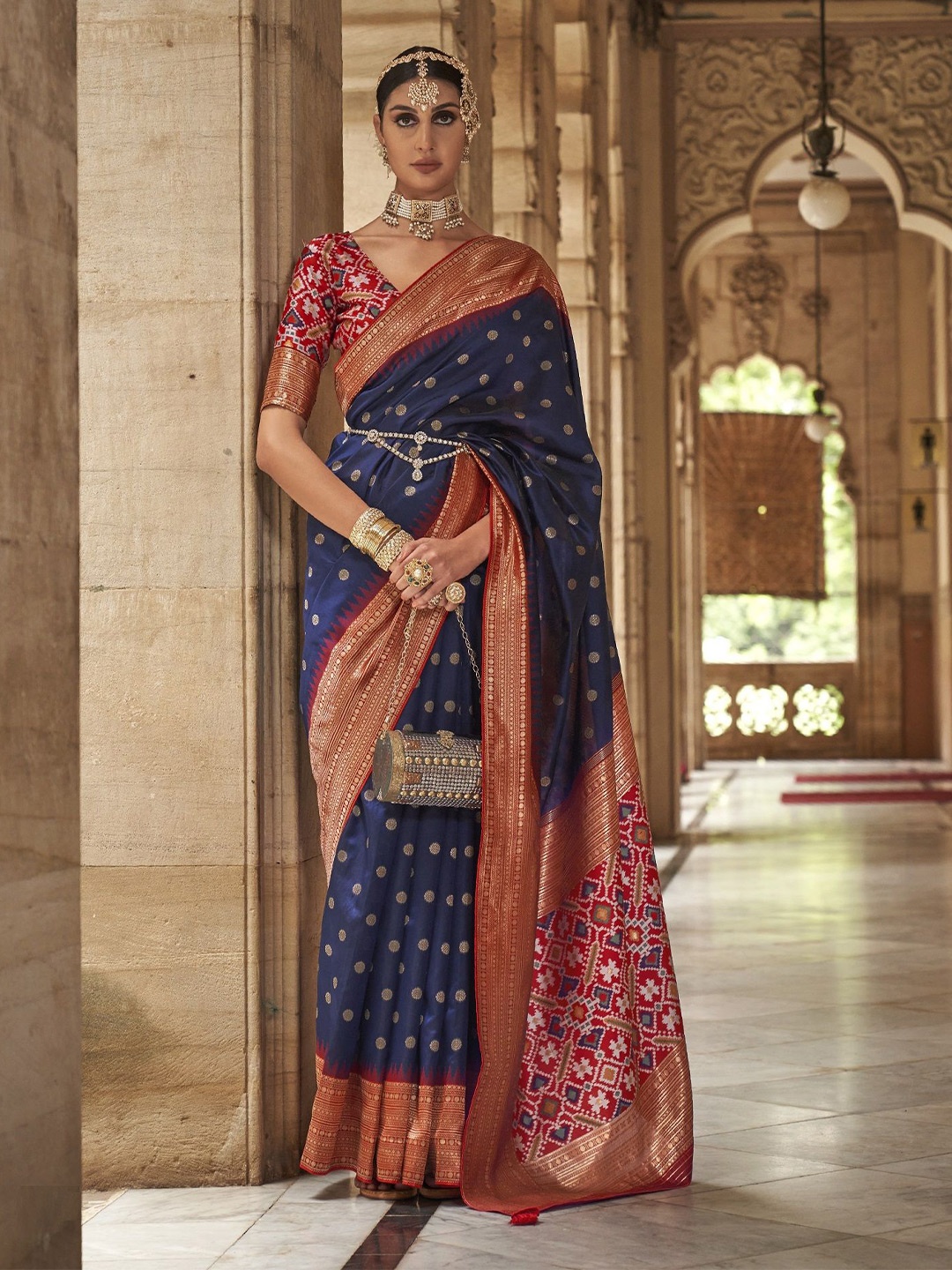 

MAHALASA Woven Design Zari Pure Silk Patola Saree, Navy blue