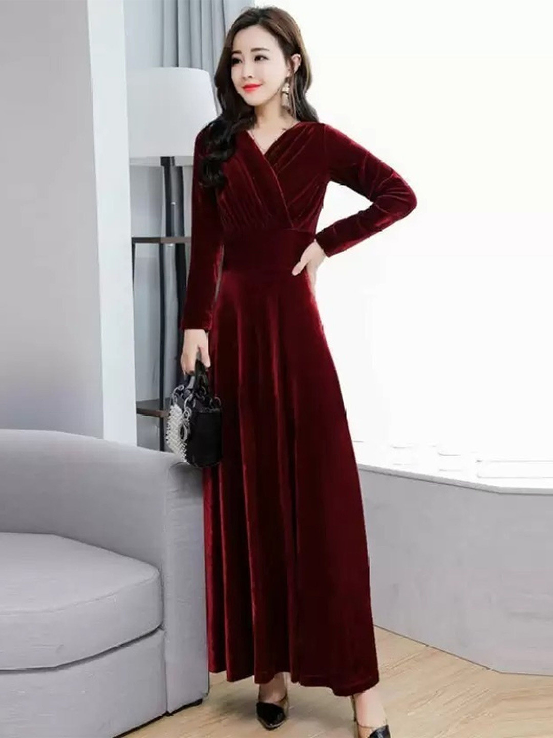 

WESTCHIC Velvet V-Neck Wrap Maxi Dress, Maroon