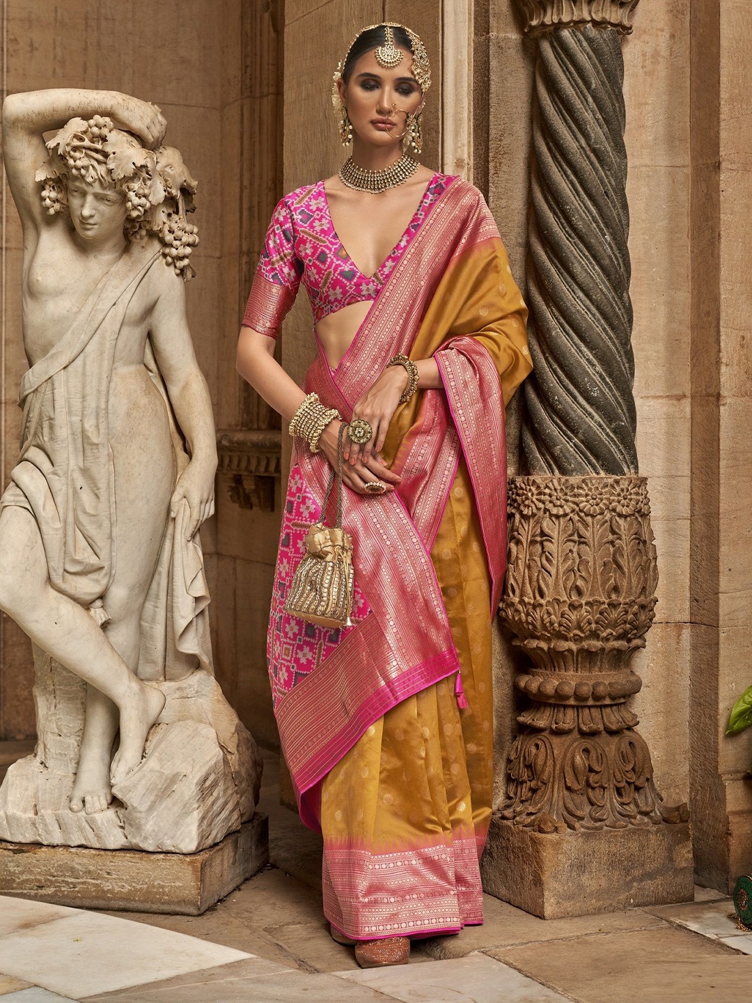 

MAHALASA Ethnic Motifs Pure Silk Designer Patola Saree, Mustard