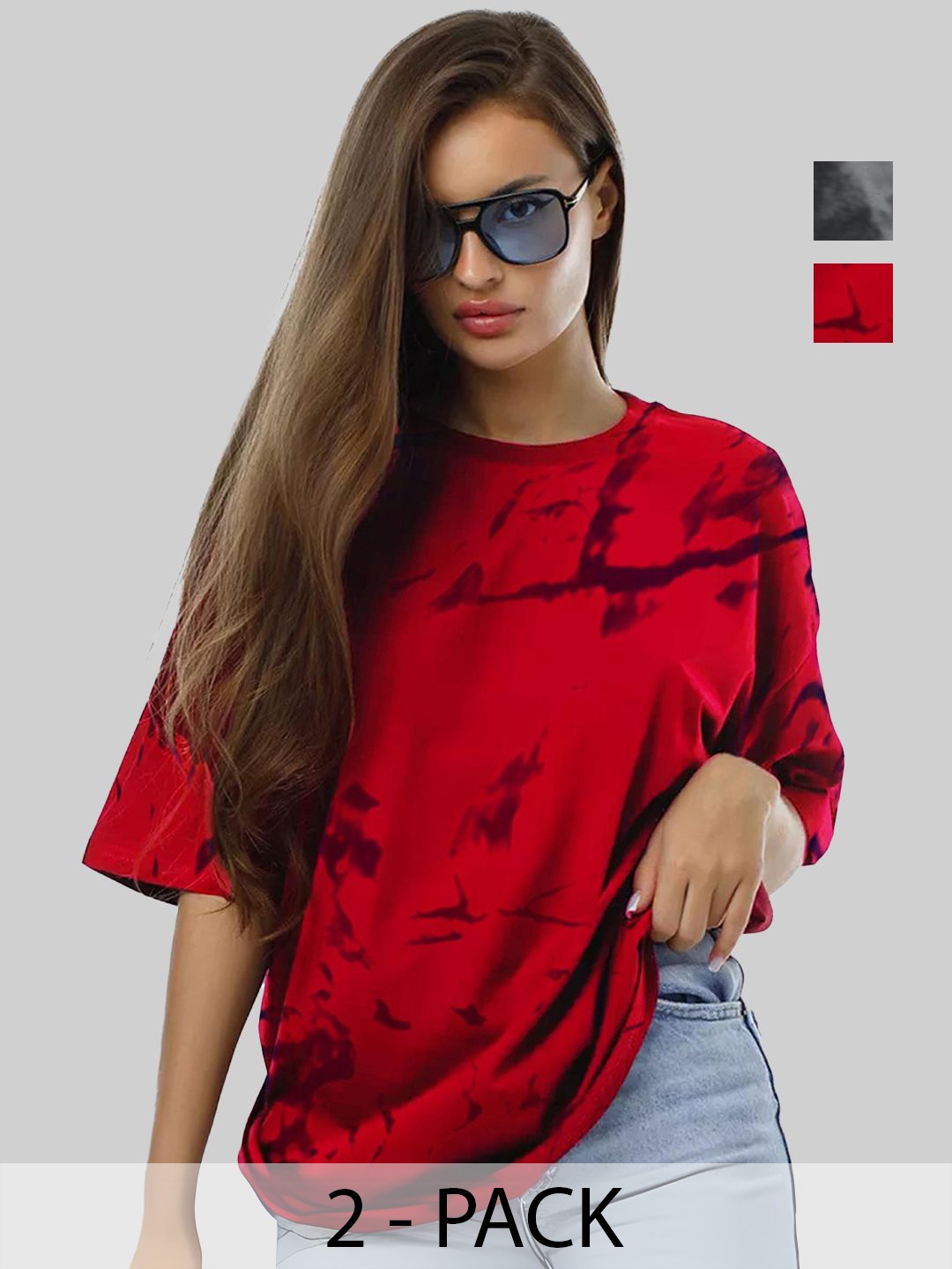 

Leotude Women Pack Of 2 Dyed Round Neck Cotton Oversized T-shirts, Red