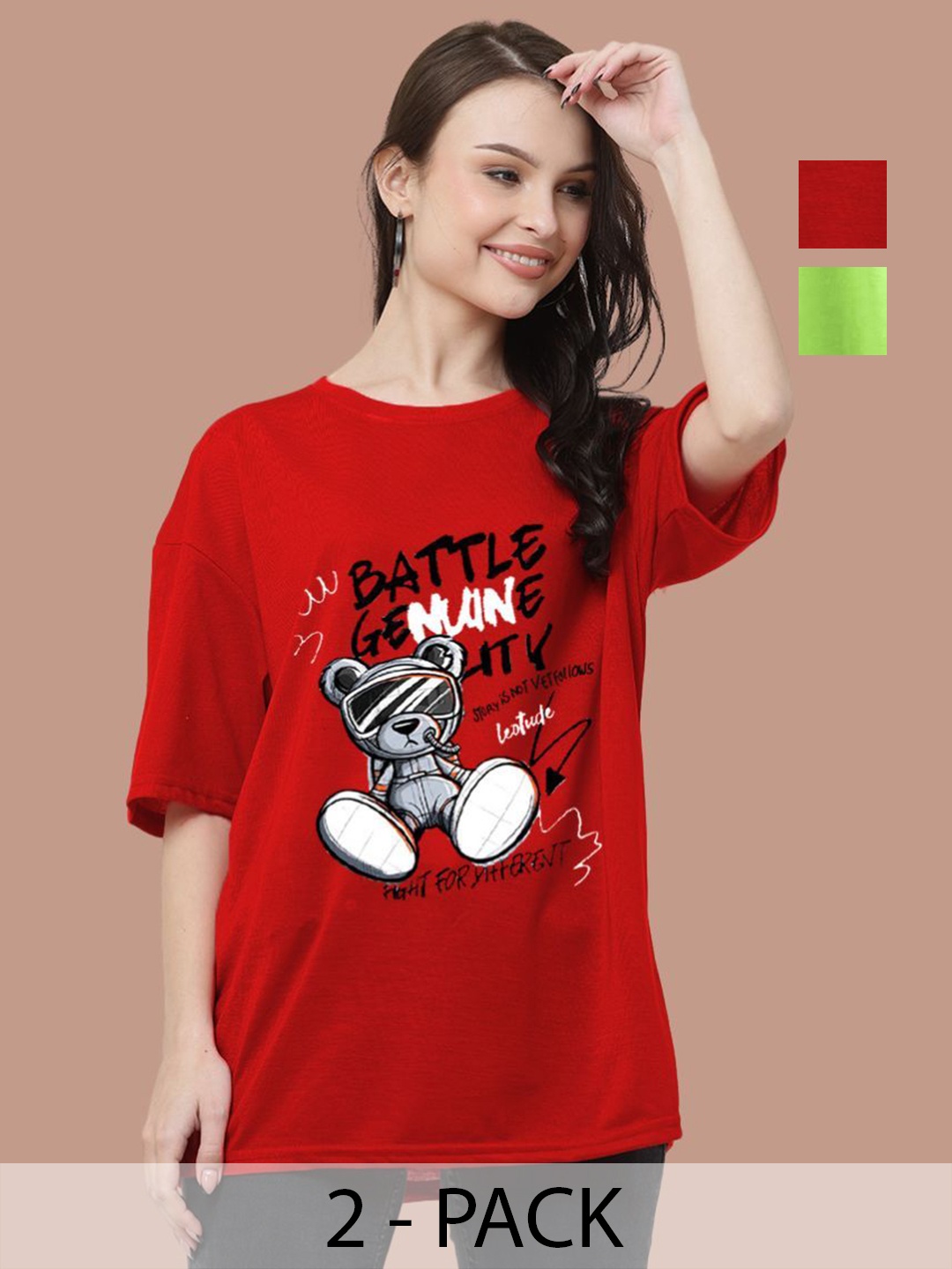 

Leotude Women Pack Of 2 Typography Printed Round Neck Cotton Oversized T-shirts, Red