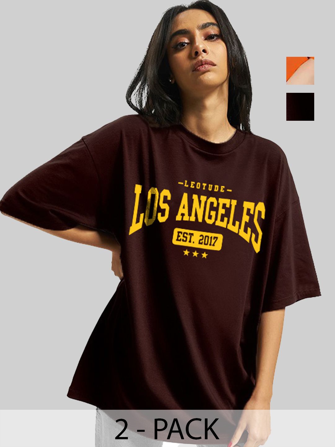

Leotude Women Pack Of 2 Typography Printed Round Neck Cotton Oversized T-shirts, Brown