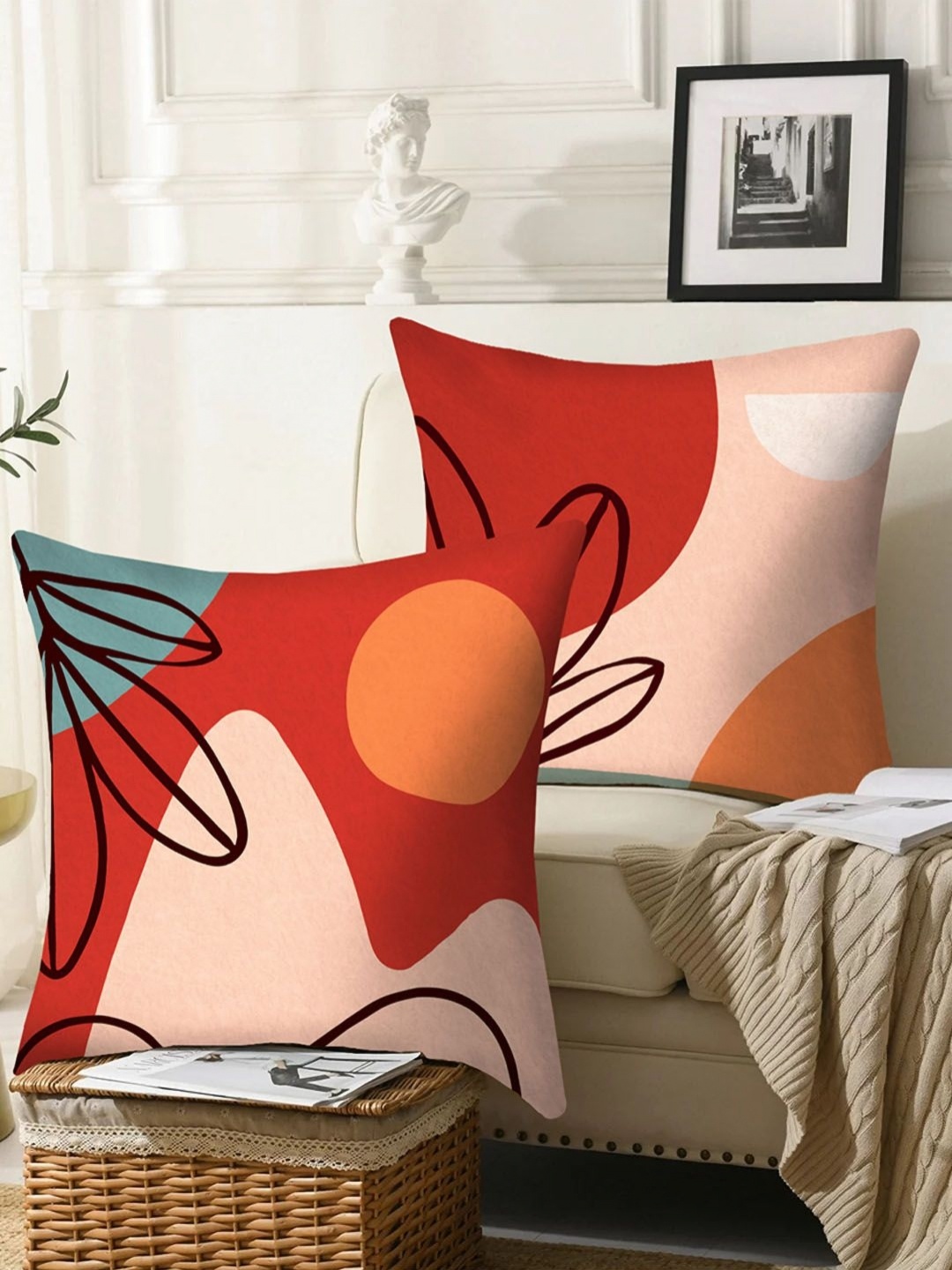 

AEROHAVEN Red & Orange-Coloured 2 Pieces Floral Velvet Square Cushion Covers