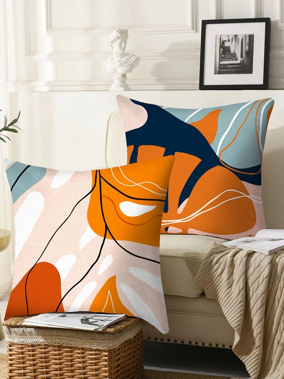 

AEROHAVEN Orange & Navy Blue 2 Pcs Abstract Printed Velvet Square Cushion Covers
