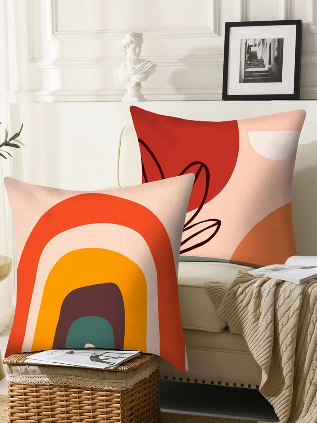 

AEROHAVEN Peach-Coloured & Orange 2 Pcs Abstract Velvet Square Cushion Covers
