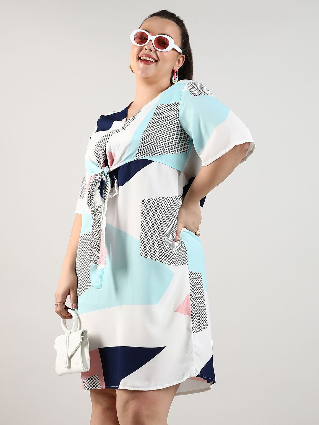 

Instafab Plus Size Printed V-Neck A-Line Dress With Tie-Ups, White