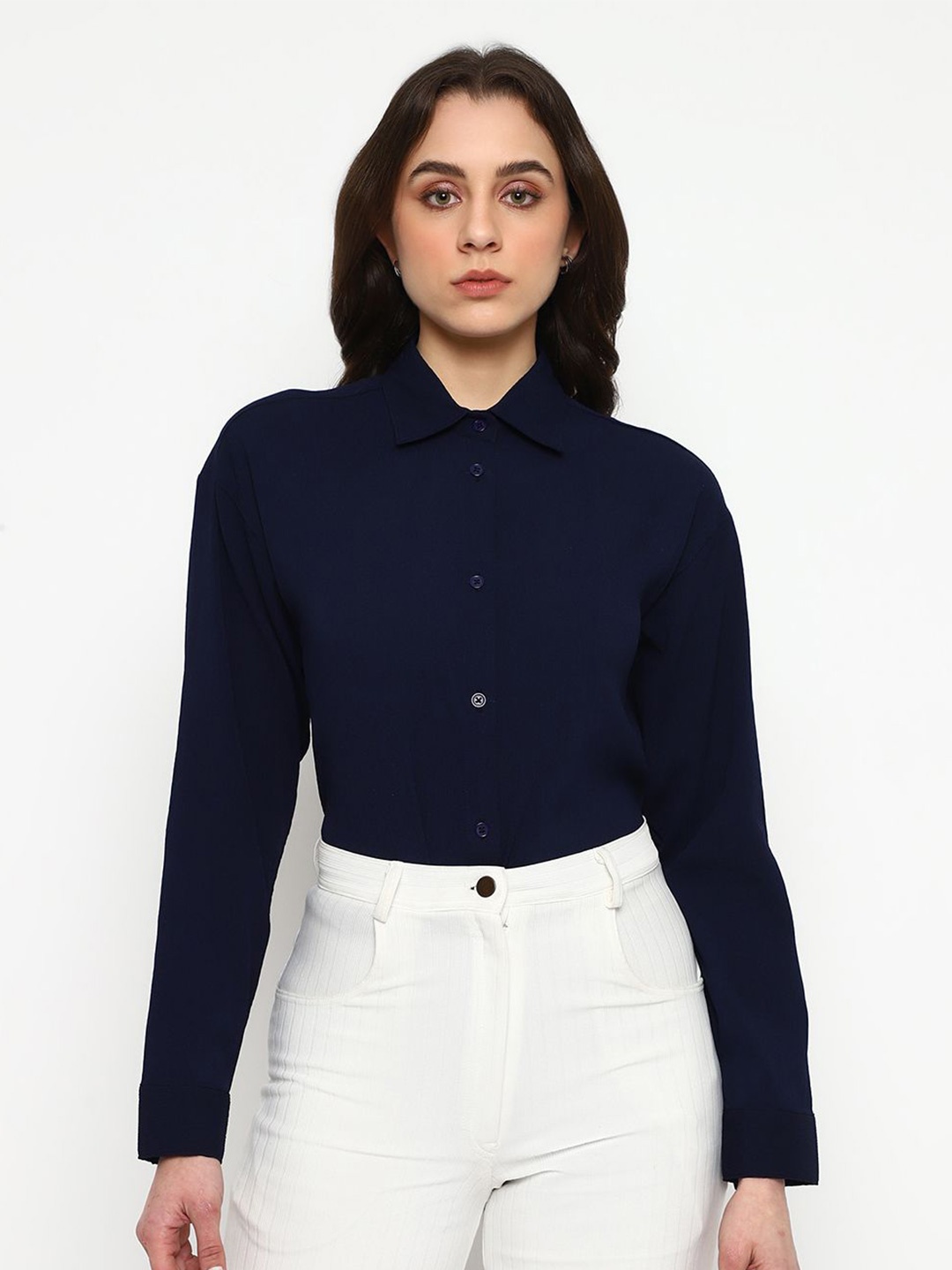

Satrisha Women Spread Collar Solid Formal Shirt, Navy blue