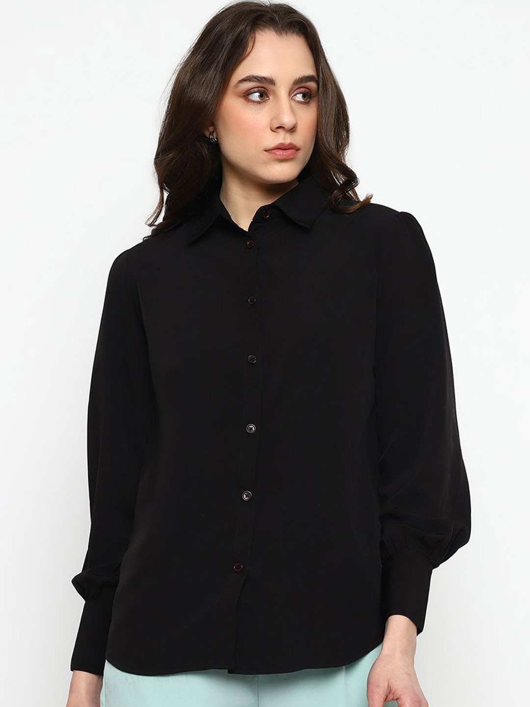 

Satrisha Women Spread Collar Solid Formal Shirt, Black