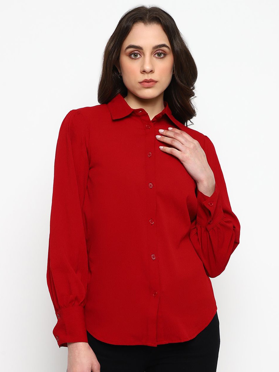 

Satrisha Women Spread Collar Solid Formal Shirt, Maroon