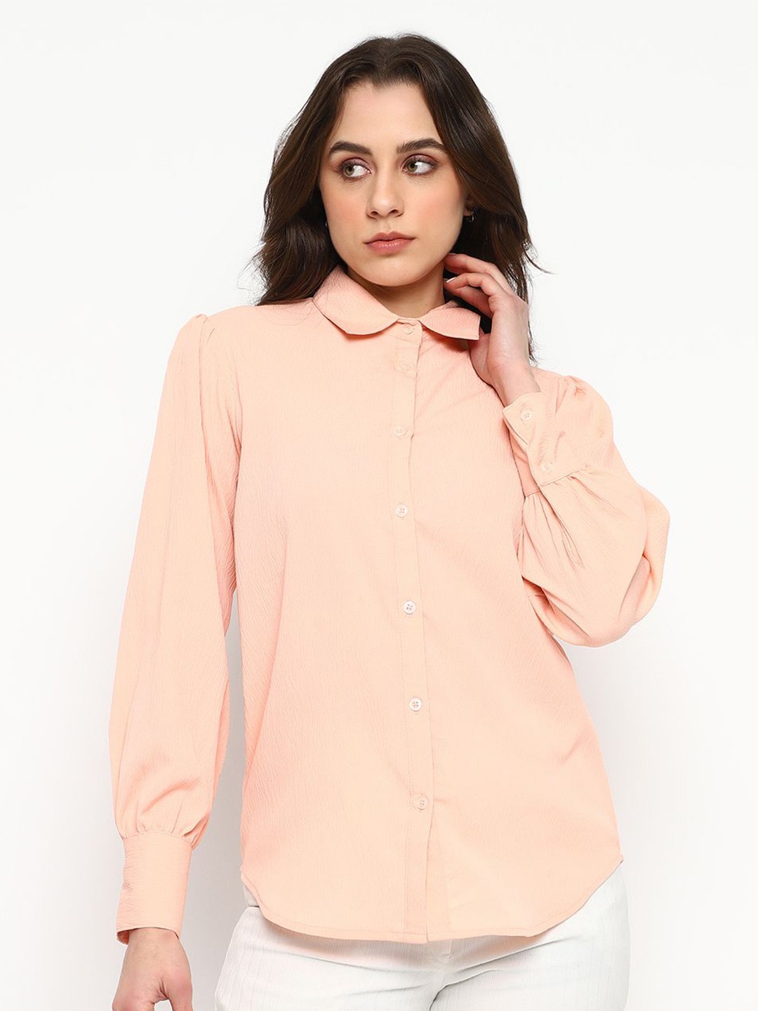 

Satrisha Women Spread Collar Solid Formal Shirt, Peach