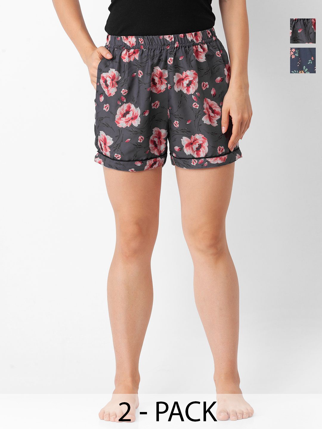 

NOIRA Women Pack Of 2 Printed Mid-Rise Lounge Shorts, Black