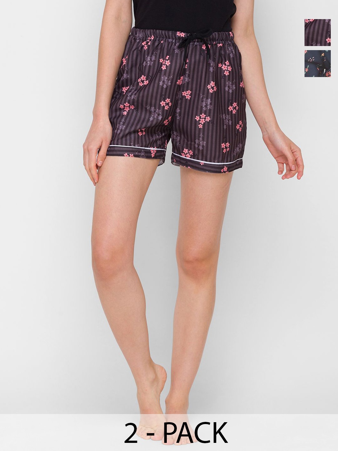 

NOIRA Women Pack Of 2 Printed Lounge Shorts, Black
