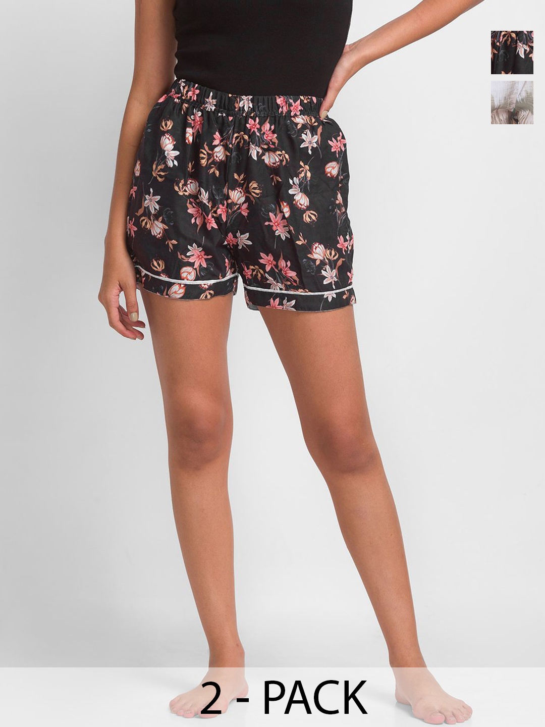 

NOIRA Women Pack Of 2 Printed Lounge Shorts, Black