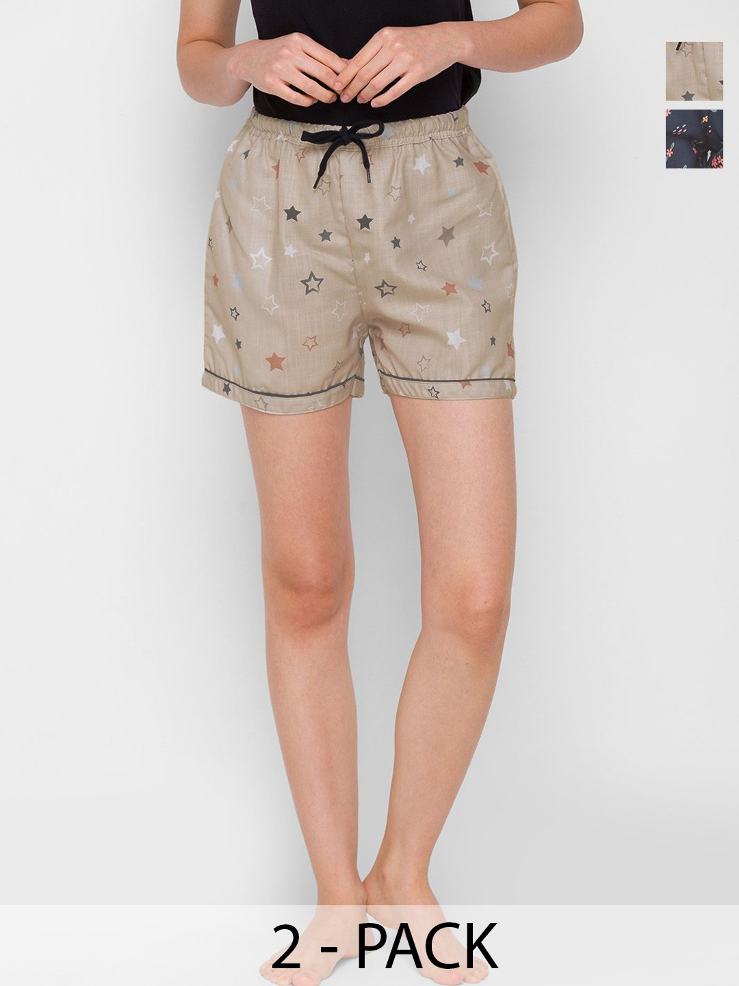 

NOIRA Women Pack Of 2 Printed Mid-Rise Lounge Shorts, Navy blue