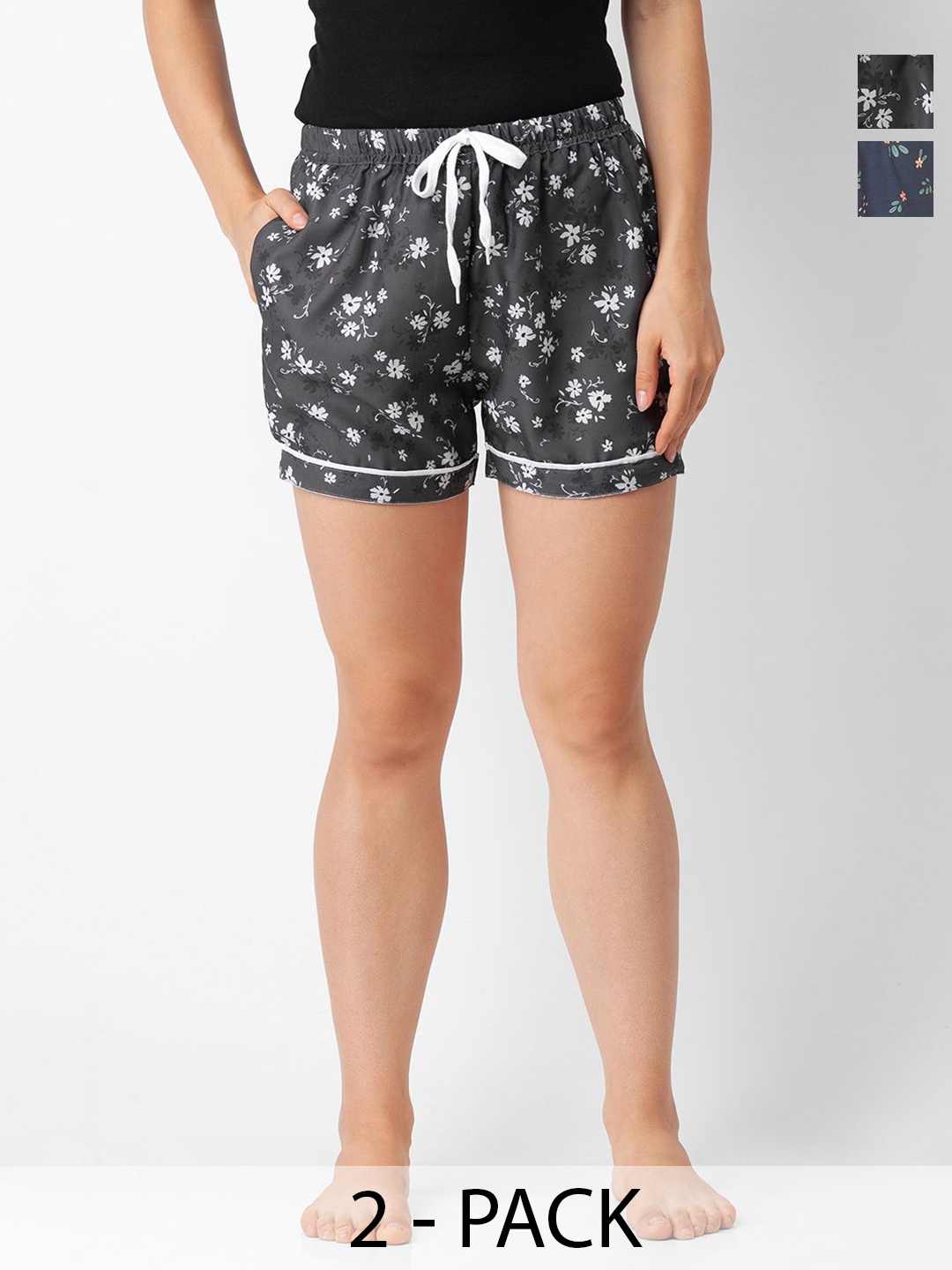

NOIRA Women Pack Of 2 Printed Lounge Shorts, Black