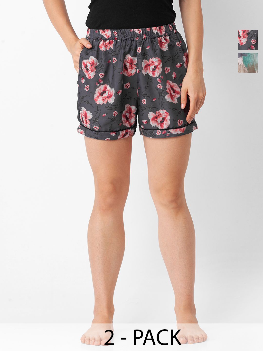 

NOIRA Women Pack Of 2 Printed Lounge Shorts, Charcoal