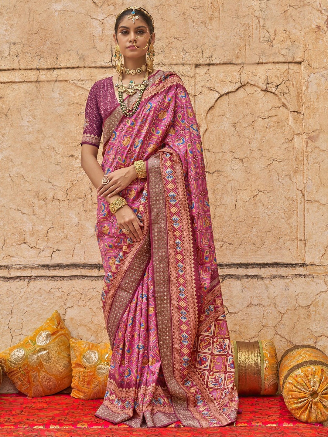 

MAHALASA Ethnic Motifs Woven Design Embellished Zari Pure Silk Patola Saree, Pink