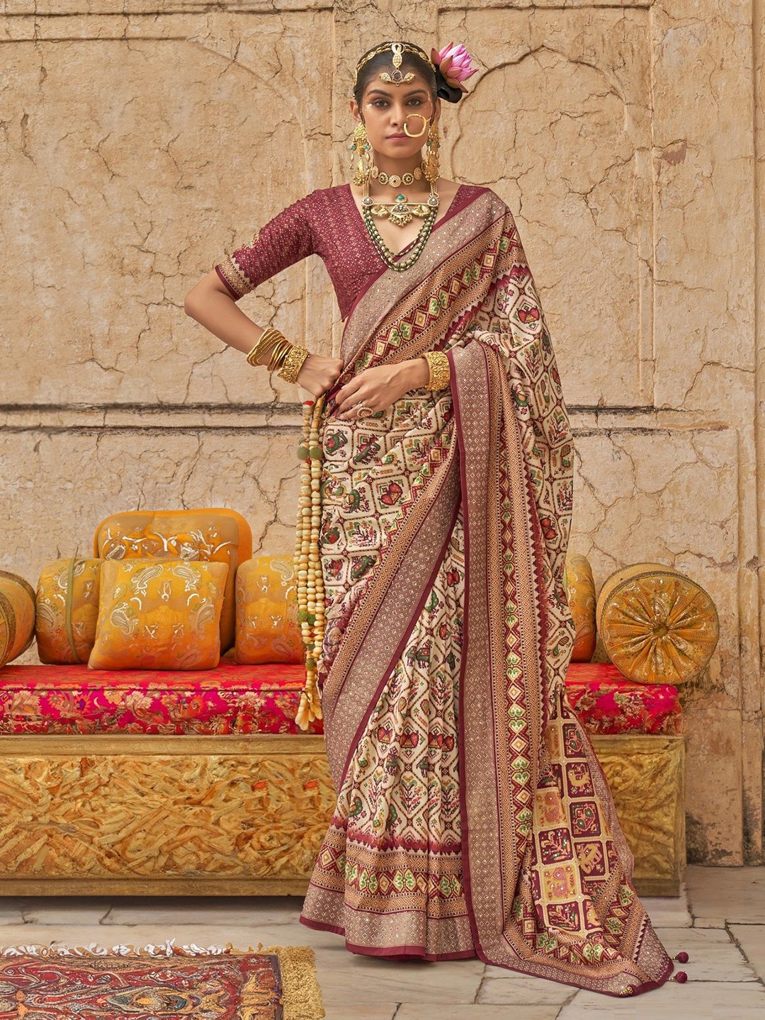 

MAHALASA Ethnic Motifs Zari Pure Silk Patola Saree, Beige