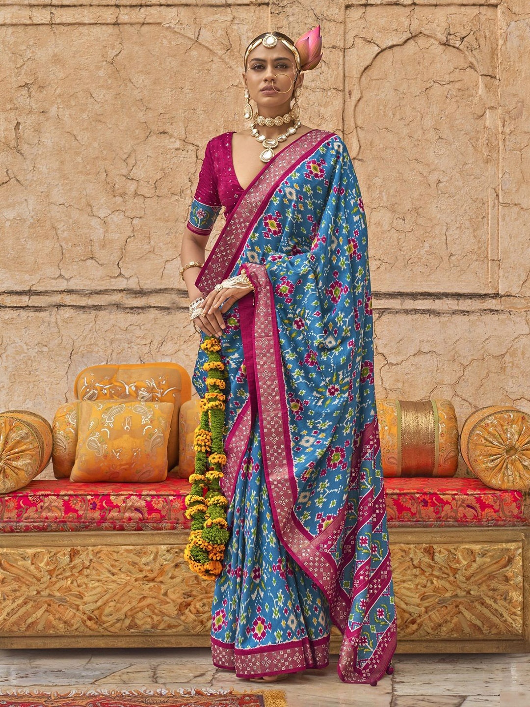 

MAHALASA Ethnic Motifs Zari Pure Silk Patola Saree, Turquoise blue