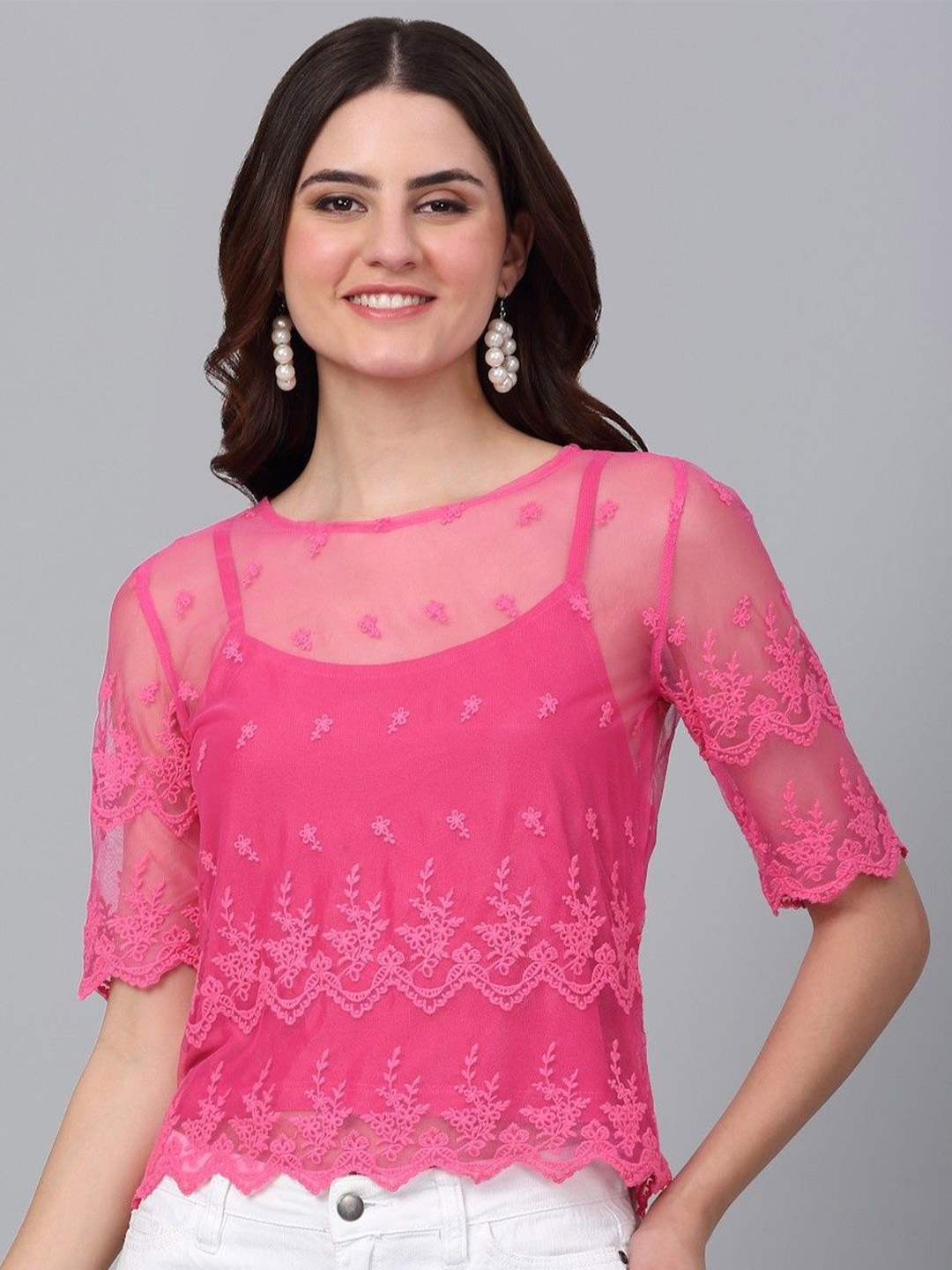 

Dressitude Women Embroidered Cotton Lace Top, Pink