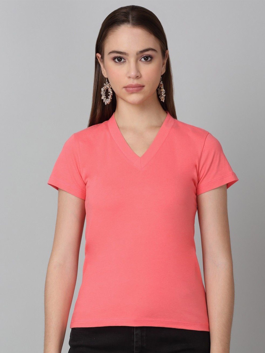 

Dressitude Women V-Neck Short Sleeve Cotton Top, Peach