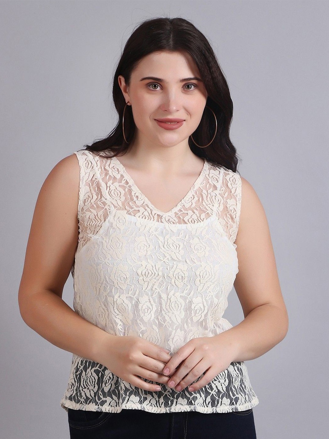 

Dressitude Women Self Design Cotton Lace V-Neck Sleeveless Top, Cream