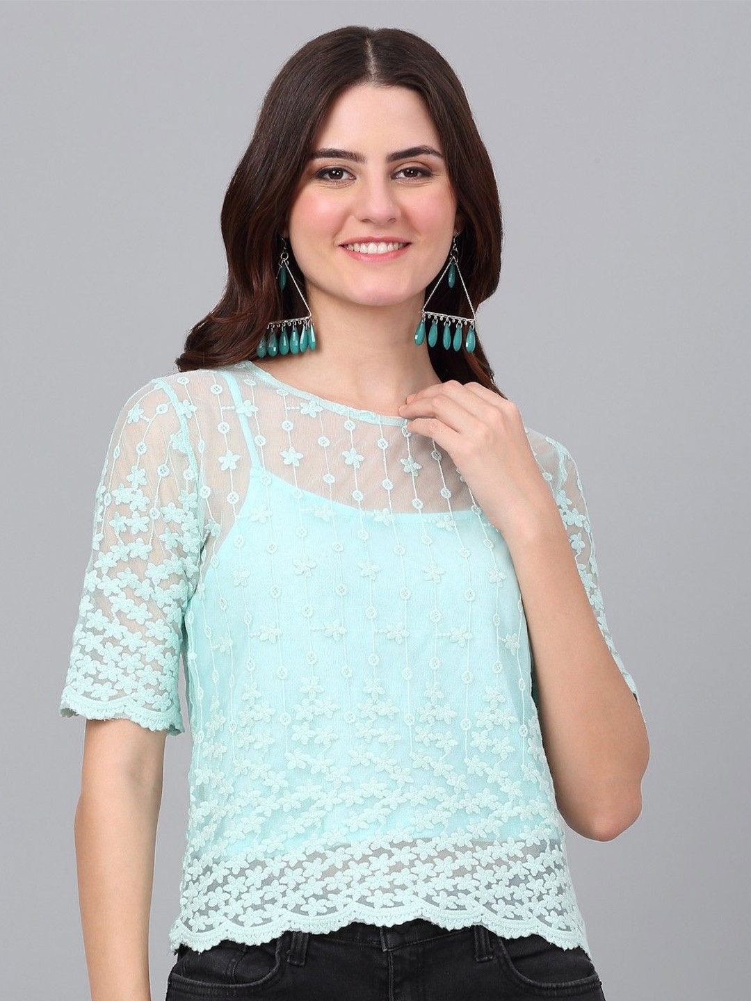 

Dressitude Women Embroidered Cotton Lace Top, Sea green