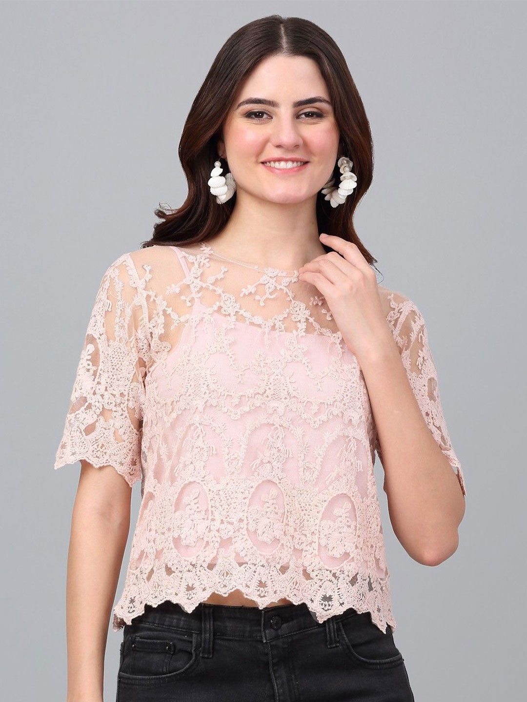 

Dressitude Embroidered Cotton Lace Top With Camisole, Pink