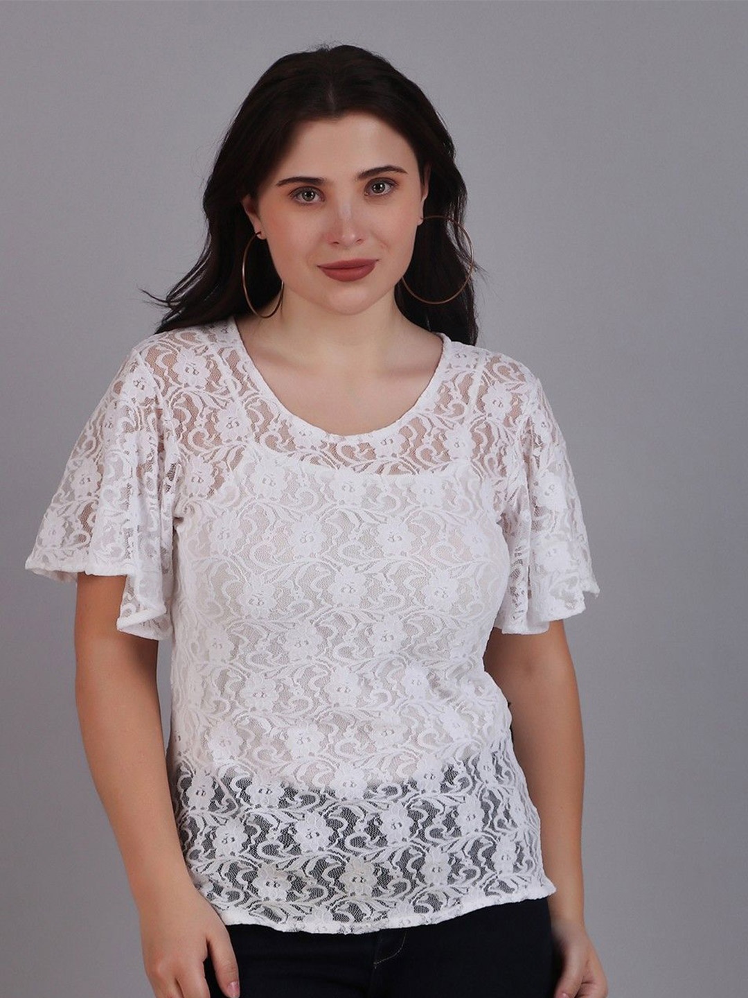 

Dressitude Women Self Design Flared Sleeve Cotton Lace Top with Camisole, White
