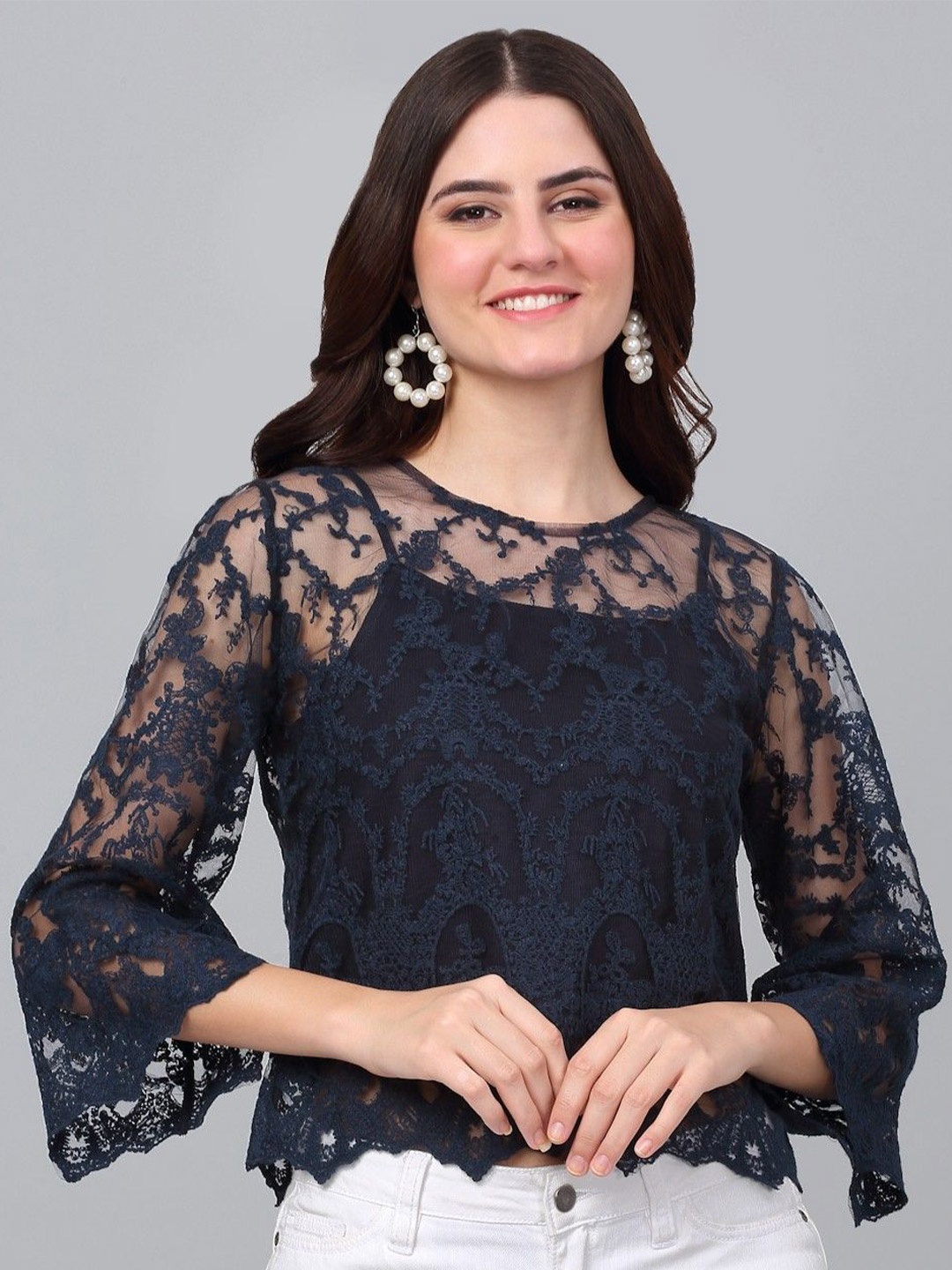 

Dressitude Embroidered Bell Sleeve Cotton Lace Top, Blue