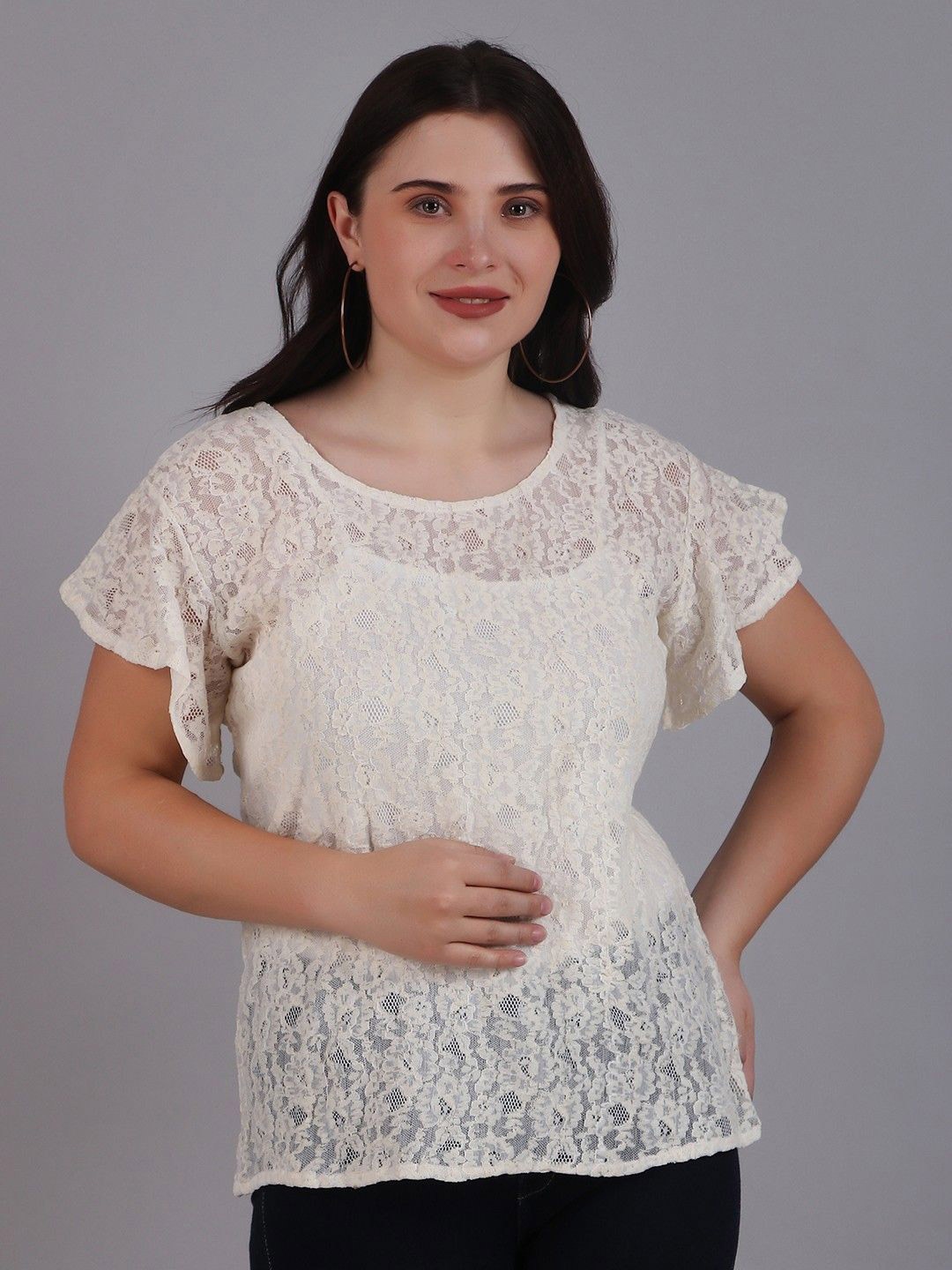 

Dressitude Women Cotton Self Design Flared Sleeve Lace Top, Beige