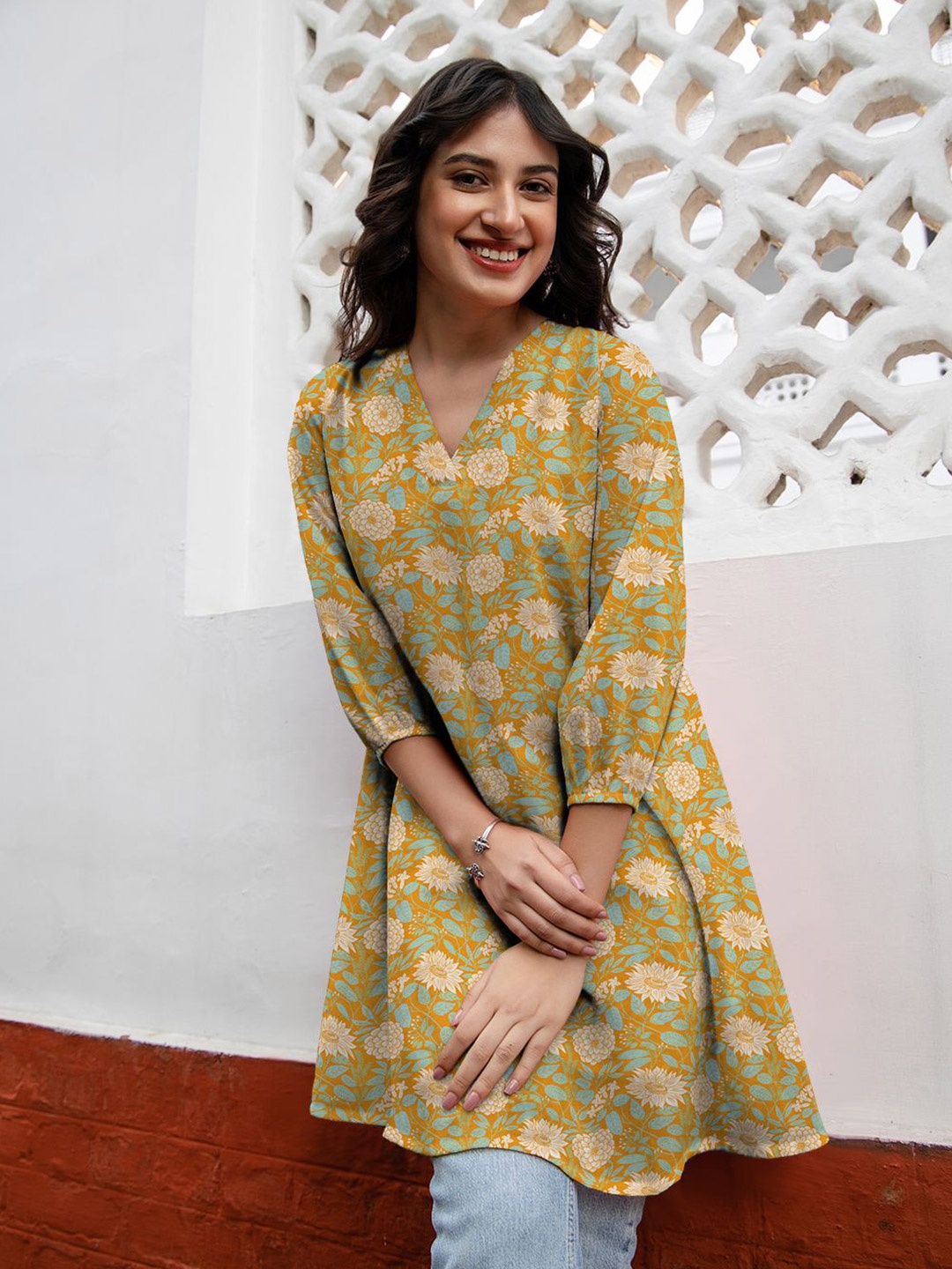 Janasya Women'S Mustard Georgette Floral Printed A-Line Tunic