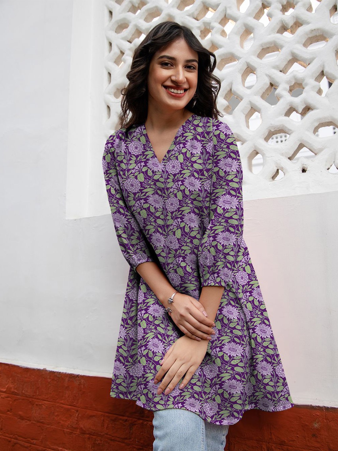 Janasya Women'S Purple Georgette Floral Printed A-Line Tunic