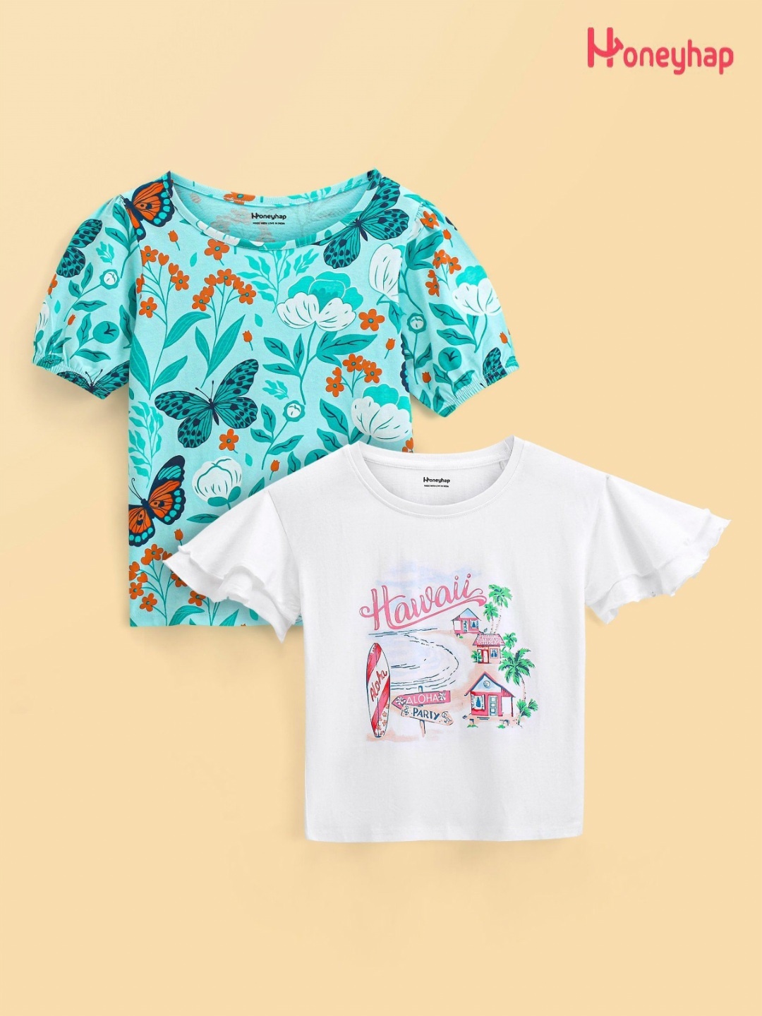 

Honeyhap Girls Pack Of 2 Floral Printed Pure Cotton T-shirt, Turquoise blue