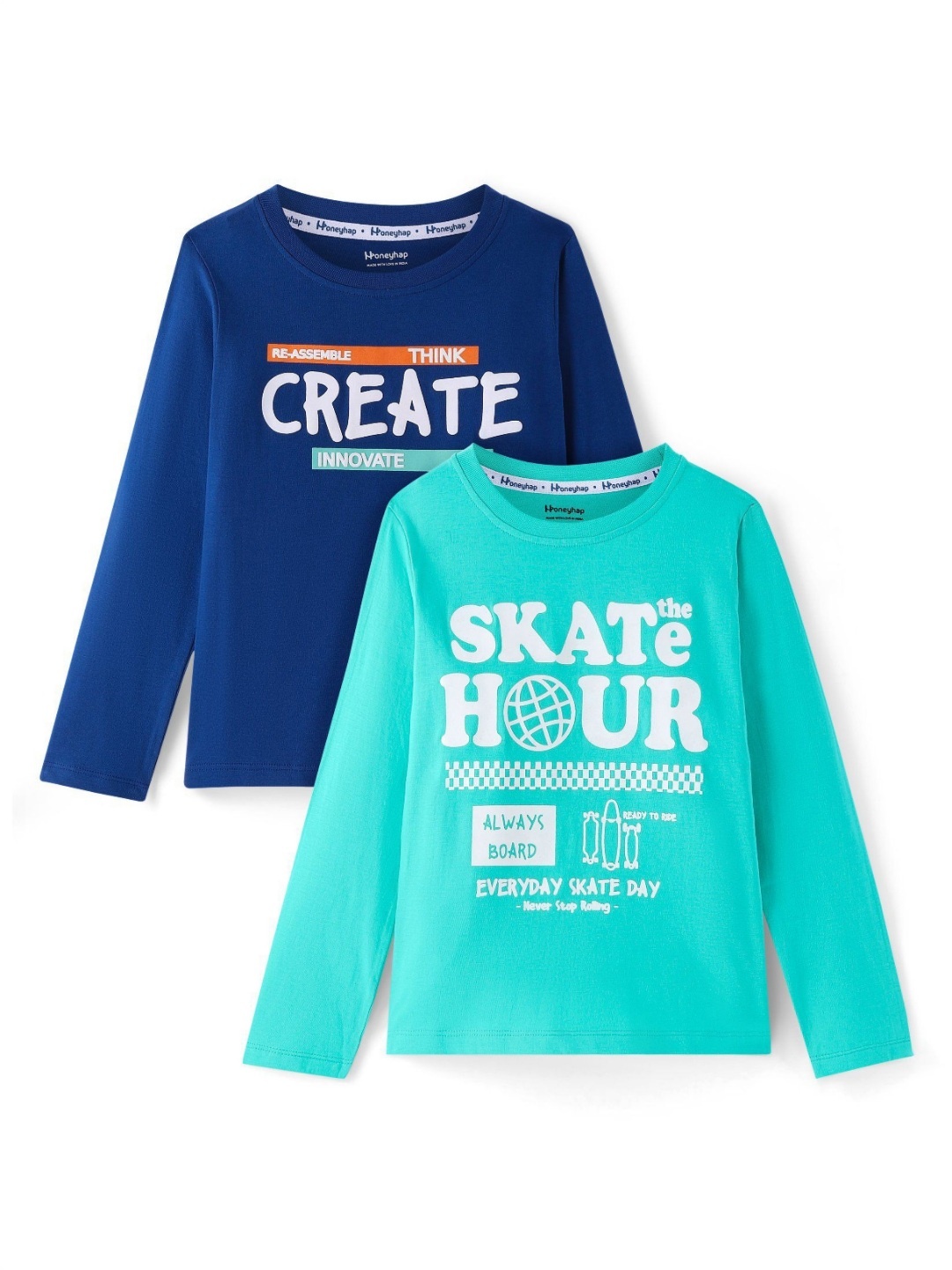 

Honeyhap Boys Pack Of 2 Typography Printed Round Neck Cotton T-shirts, Blue