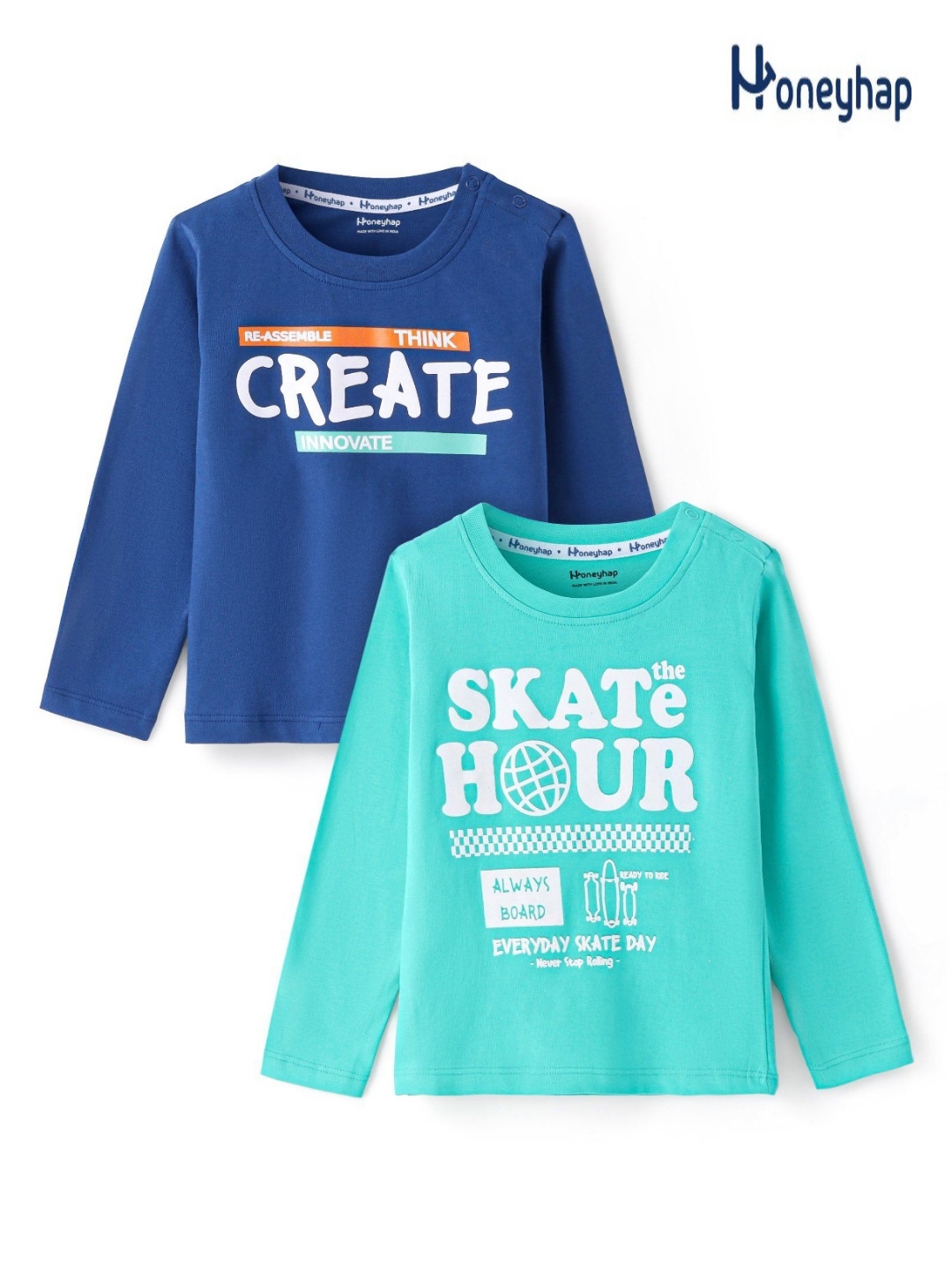 

Honeyhap Boys Pack Of 2 Typography Printed Round Neck Cotton T-shirts, Blue