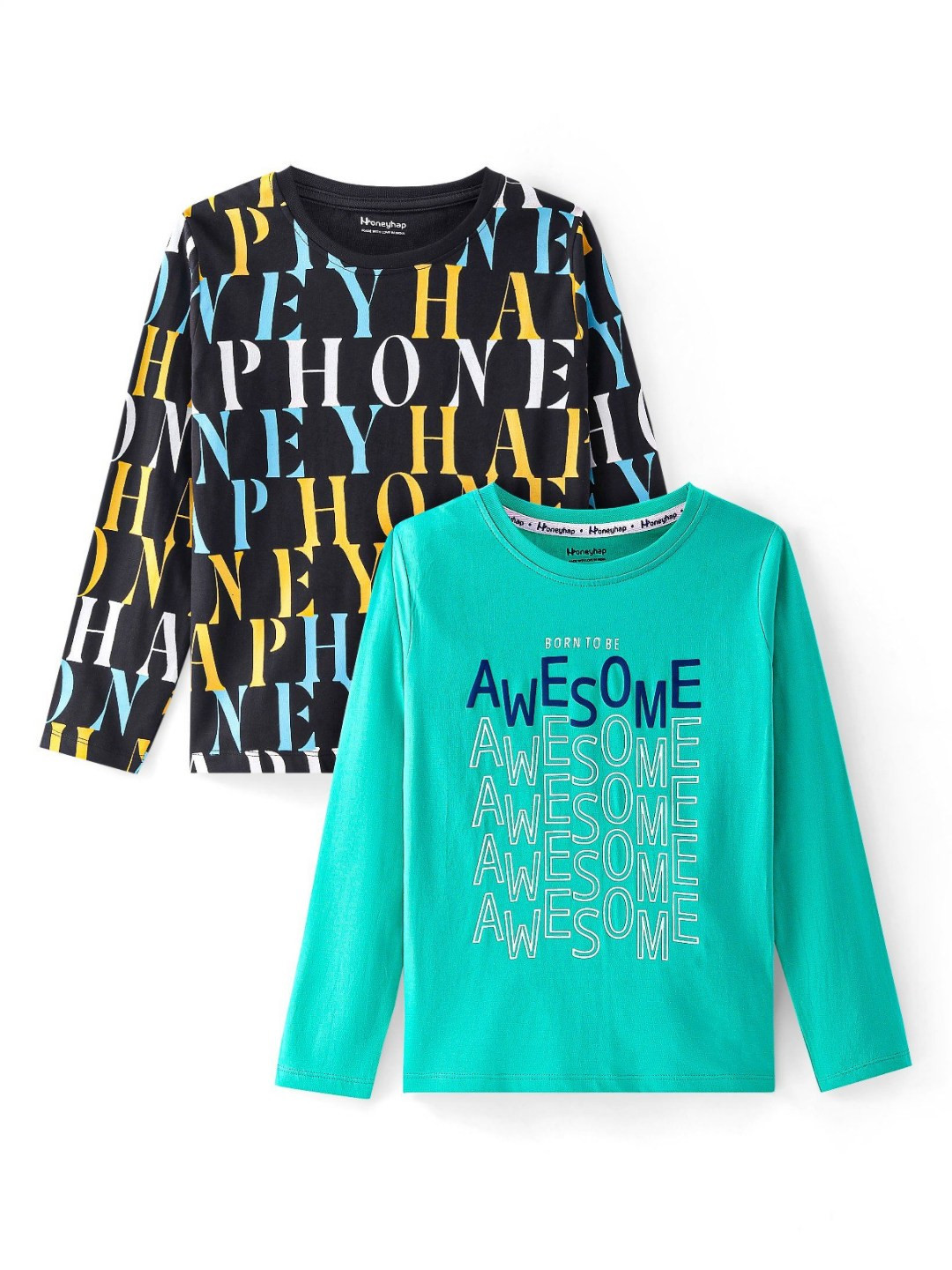 

Honeyhap Boys Pack Of 2 Typography Printed Round Neck Cotton T-shirts, Black