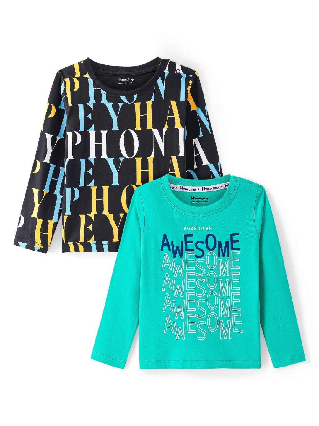 

Honeyhap Boys Pack Of 2 Typography Printed Round Neck Cotton T-shirts, Black