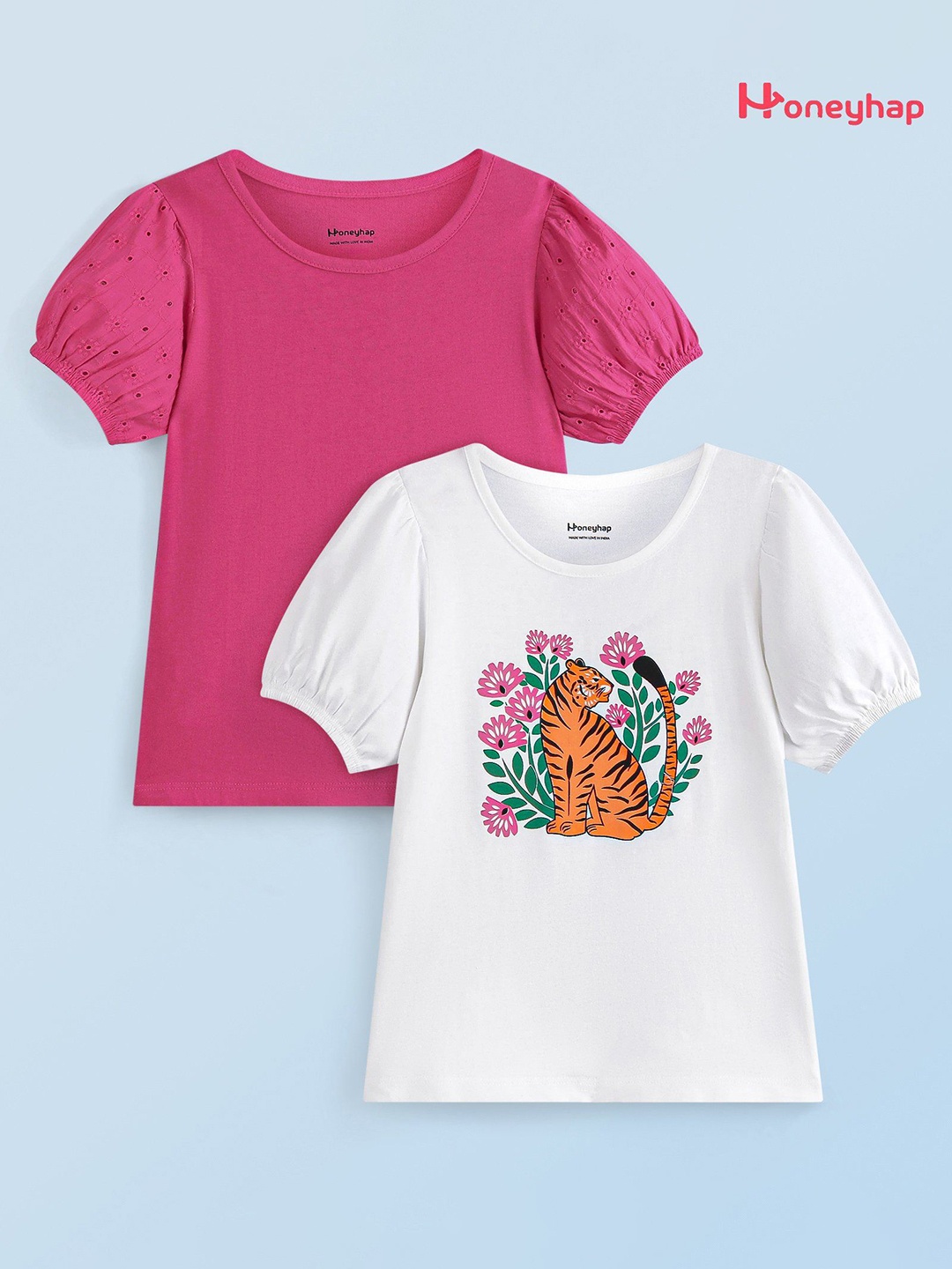 

Honeyhap Girls Pack Of 2 Printed Cotton T-shirts, White
