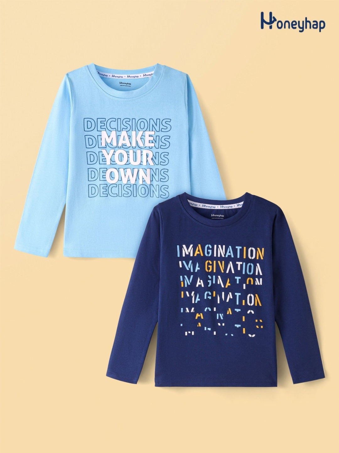 Honeyhap Boys Pack Of 2 Typography Printed Round Neck Cotton T-shirts, Blue