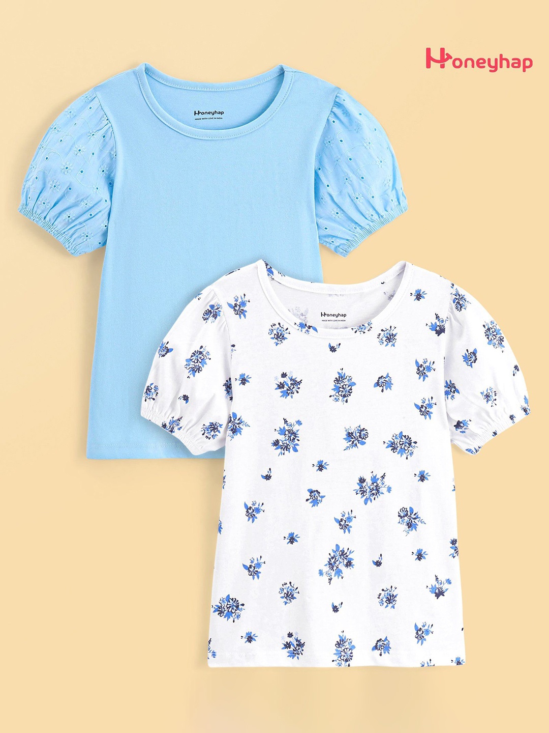 

Honeyhap Girls Pack Of 2 Printed Cotton T-shirts, Blue