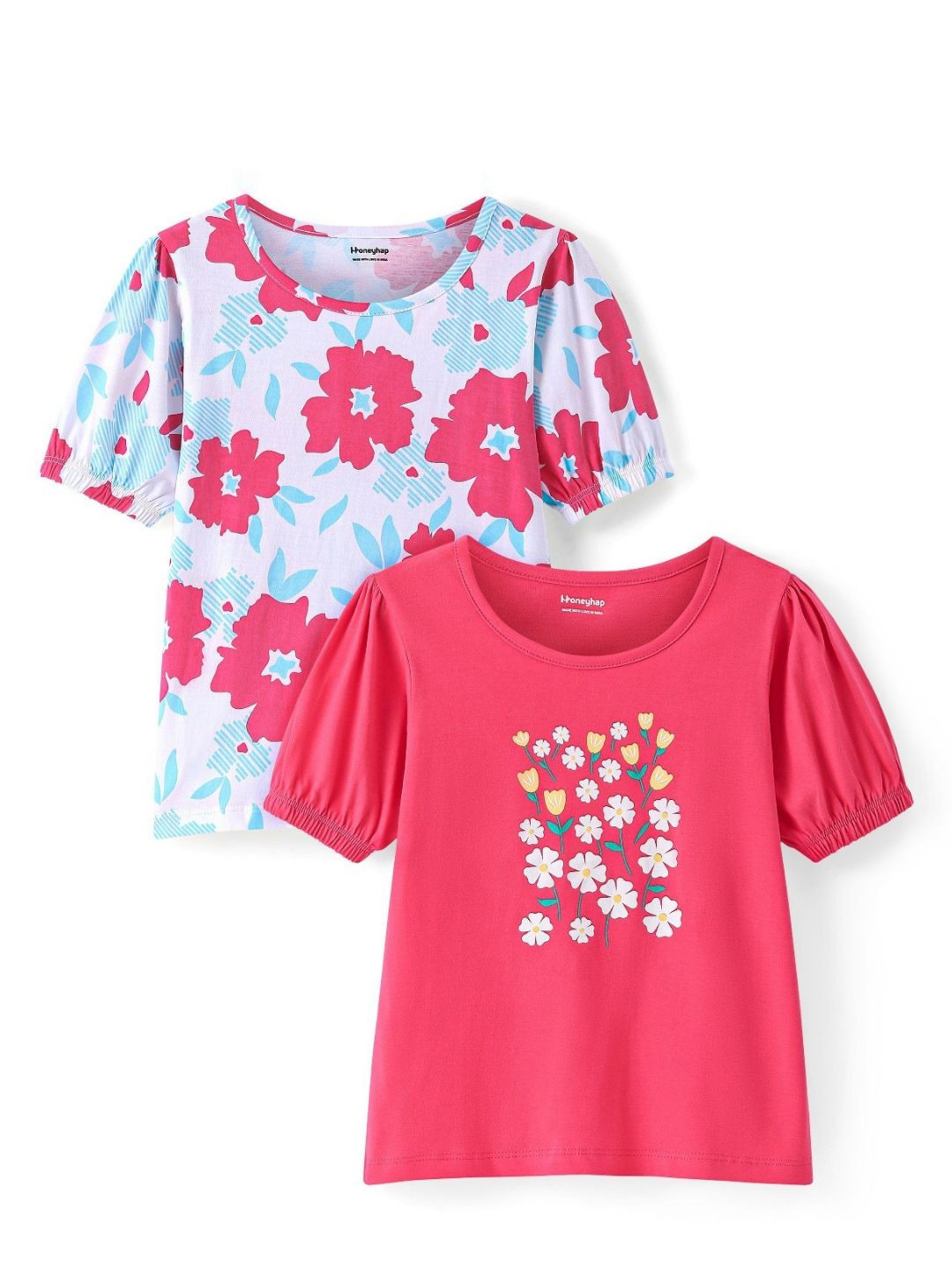 

Honeyhap Girls Pack Of 2 Floral Printed Cotton T-shirts, White