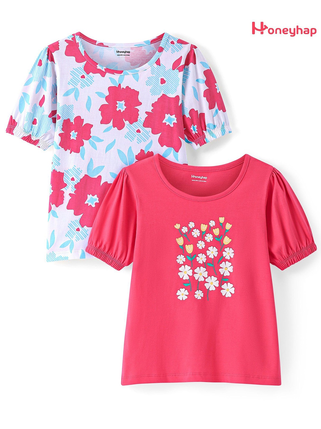 

Honeyhap Girls Pack Of 2 Floral Printed Cotton T-shirts, White