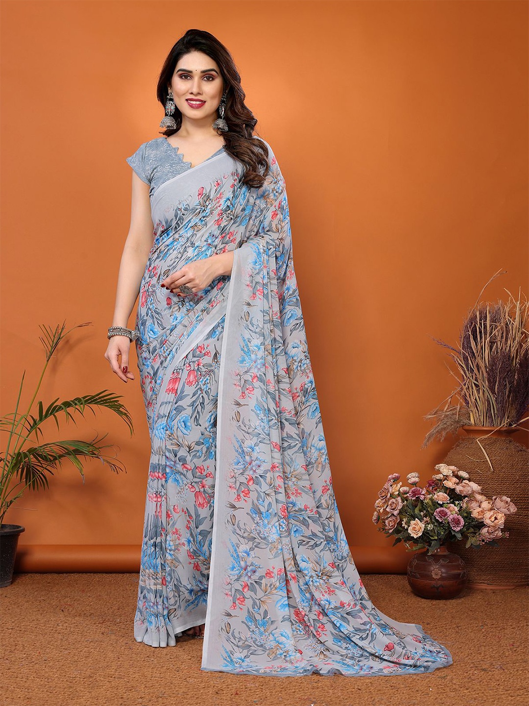 

Moda Rapido Floral Poly Georgette Saree, Grey