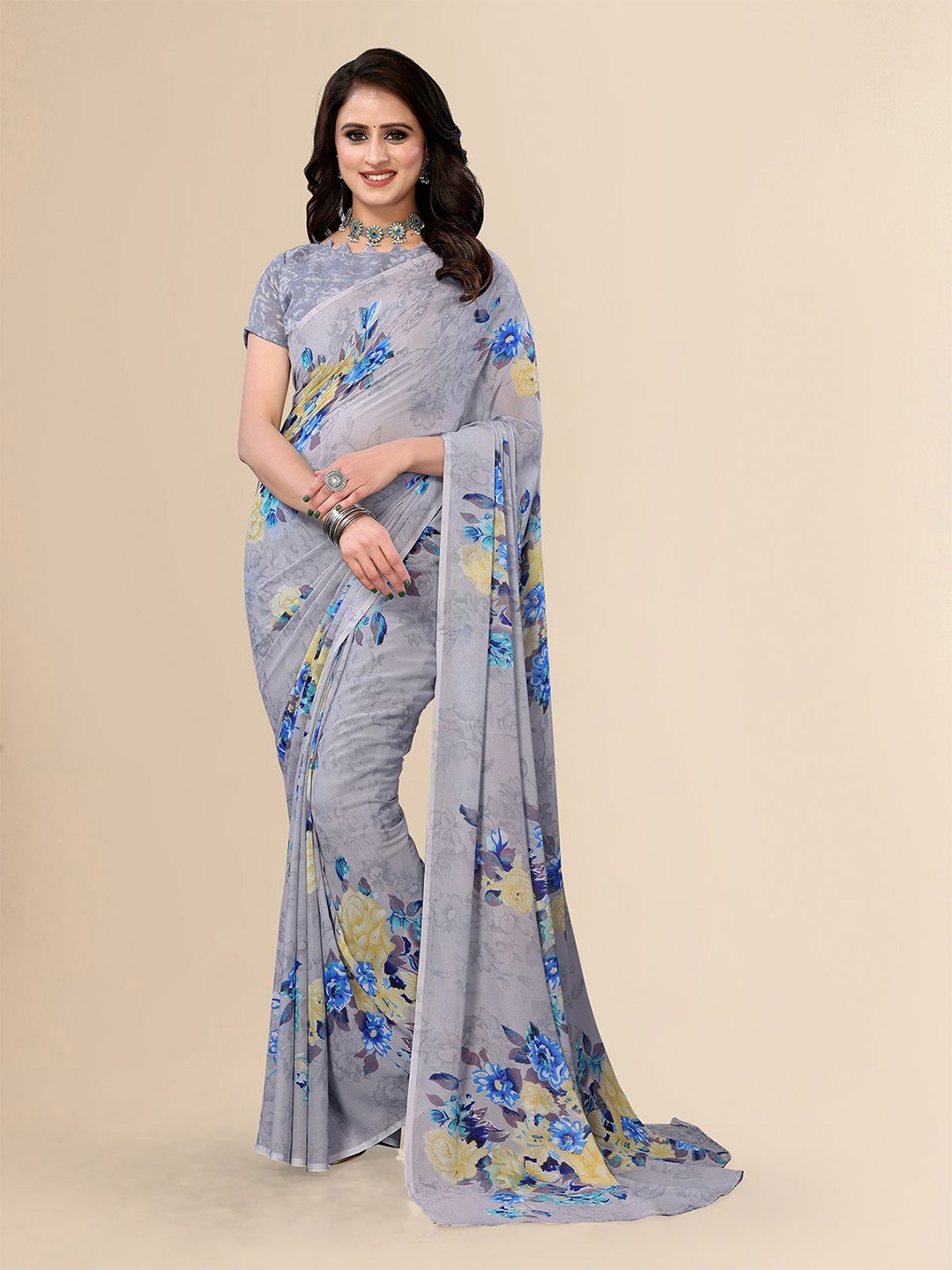 

Moda Rapido Floral Printed Saree With Blouse Piece, Grey