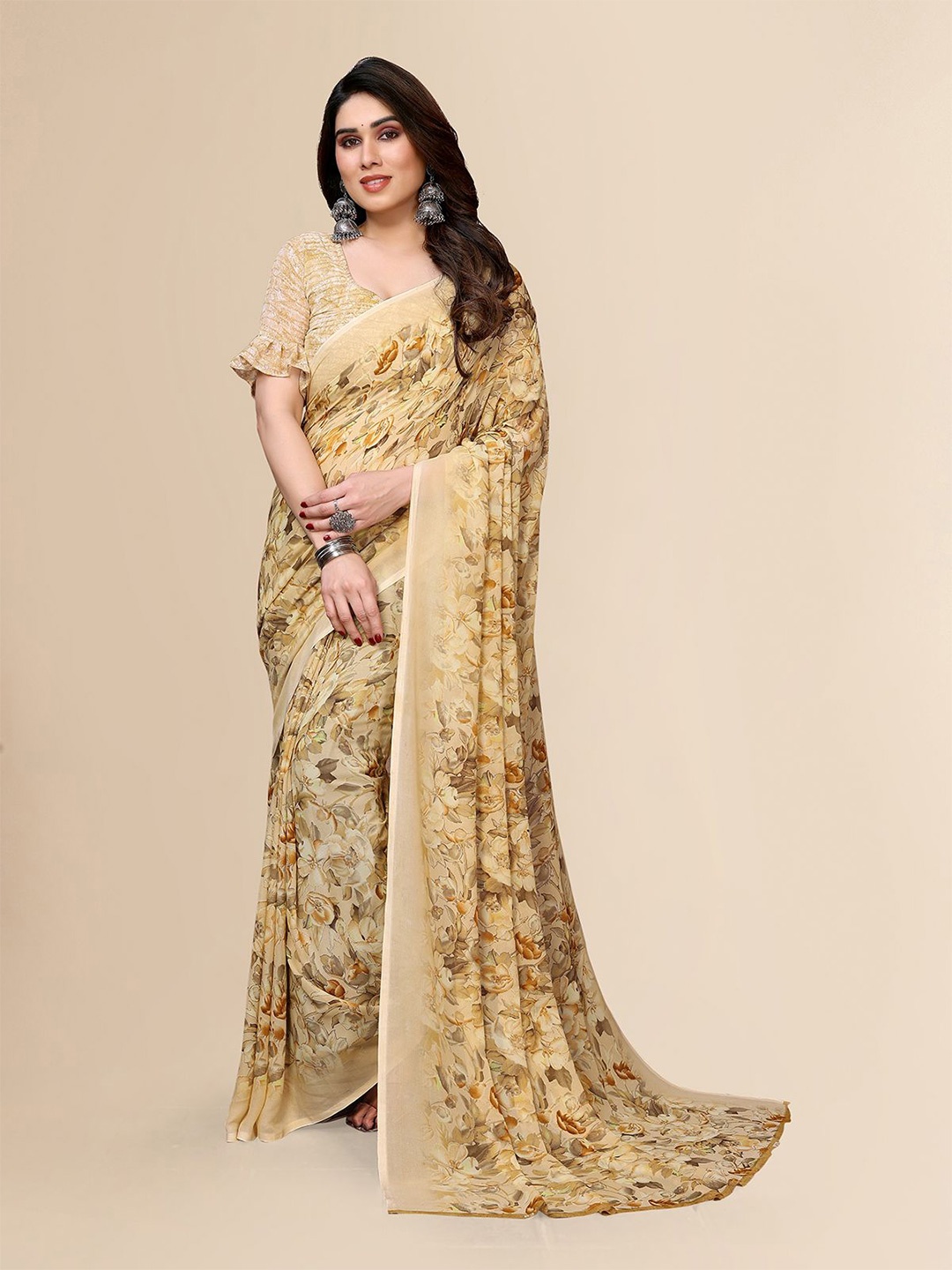 

Moda Rapido Floral Printed Saree With Blouse Piece, Beige