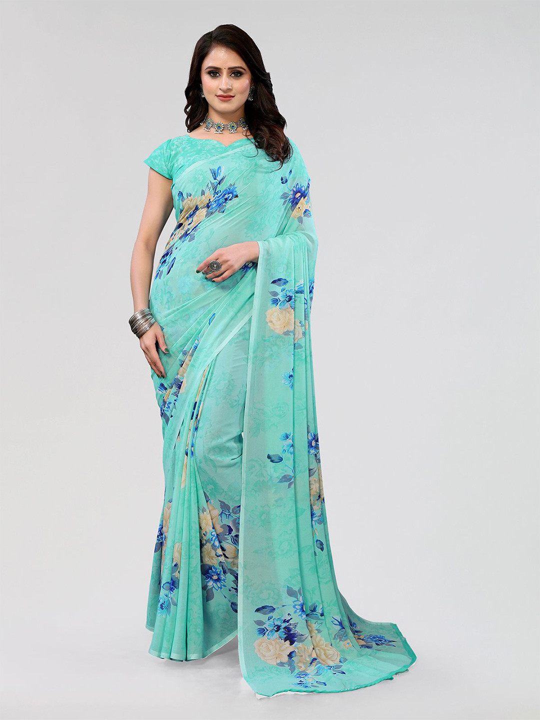 

Moda Rapido Floral Printed Saree With Unstitched Blouse Piece, Blue