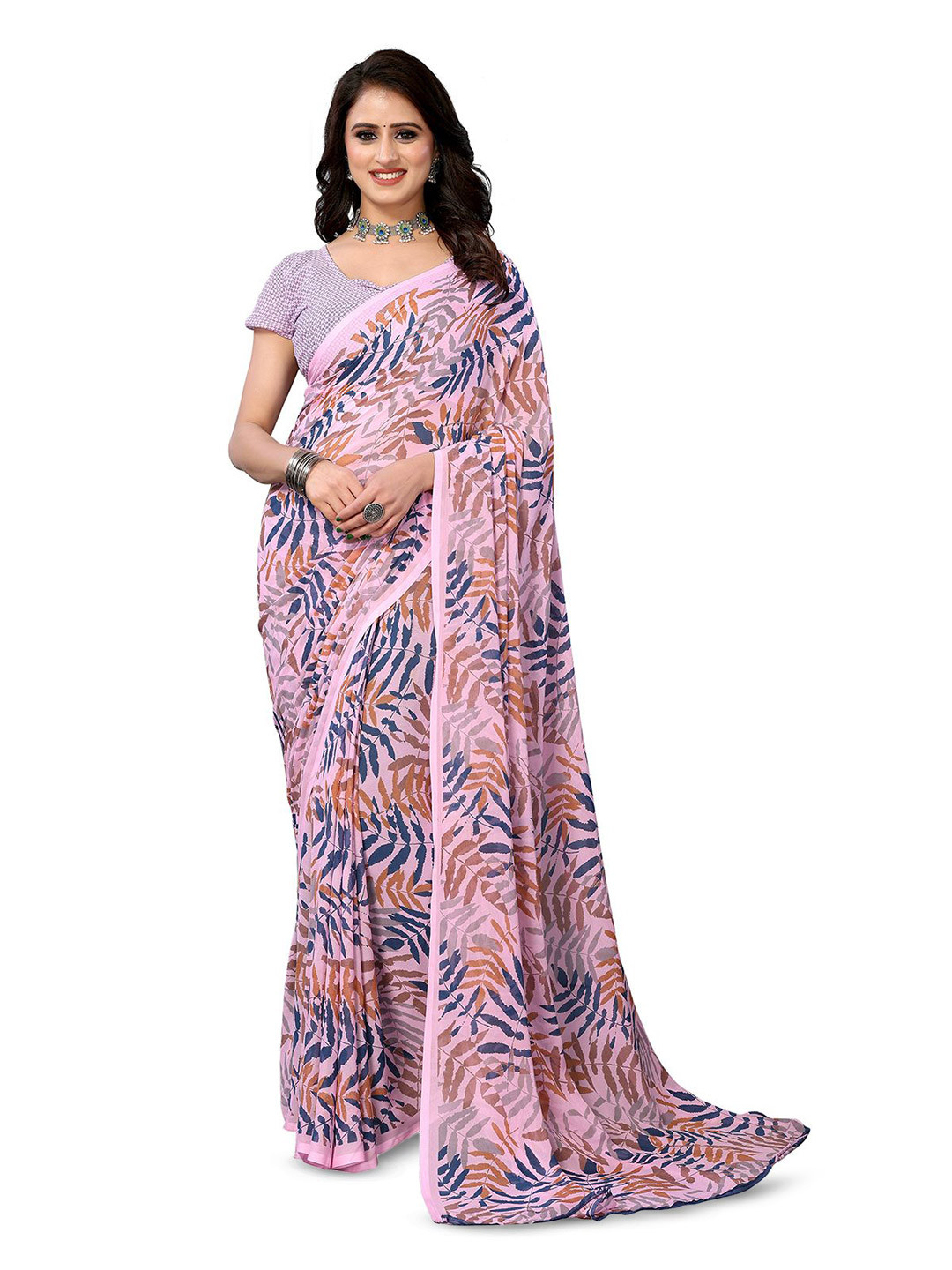 

Moda Rapido Floral Printed Saree with Unstitched Blouse Piece, Pink