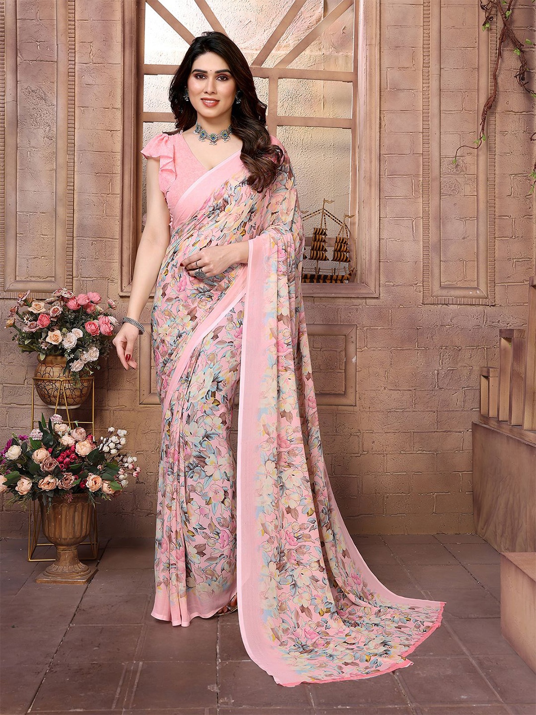 

Moda Rapido Floral Printed Saree With Unstitched Blouse Piece, Pink