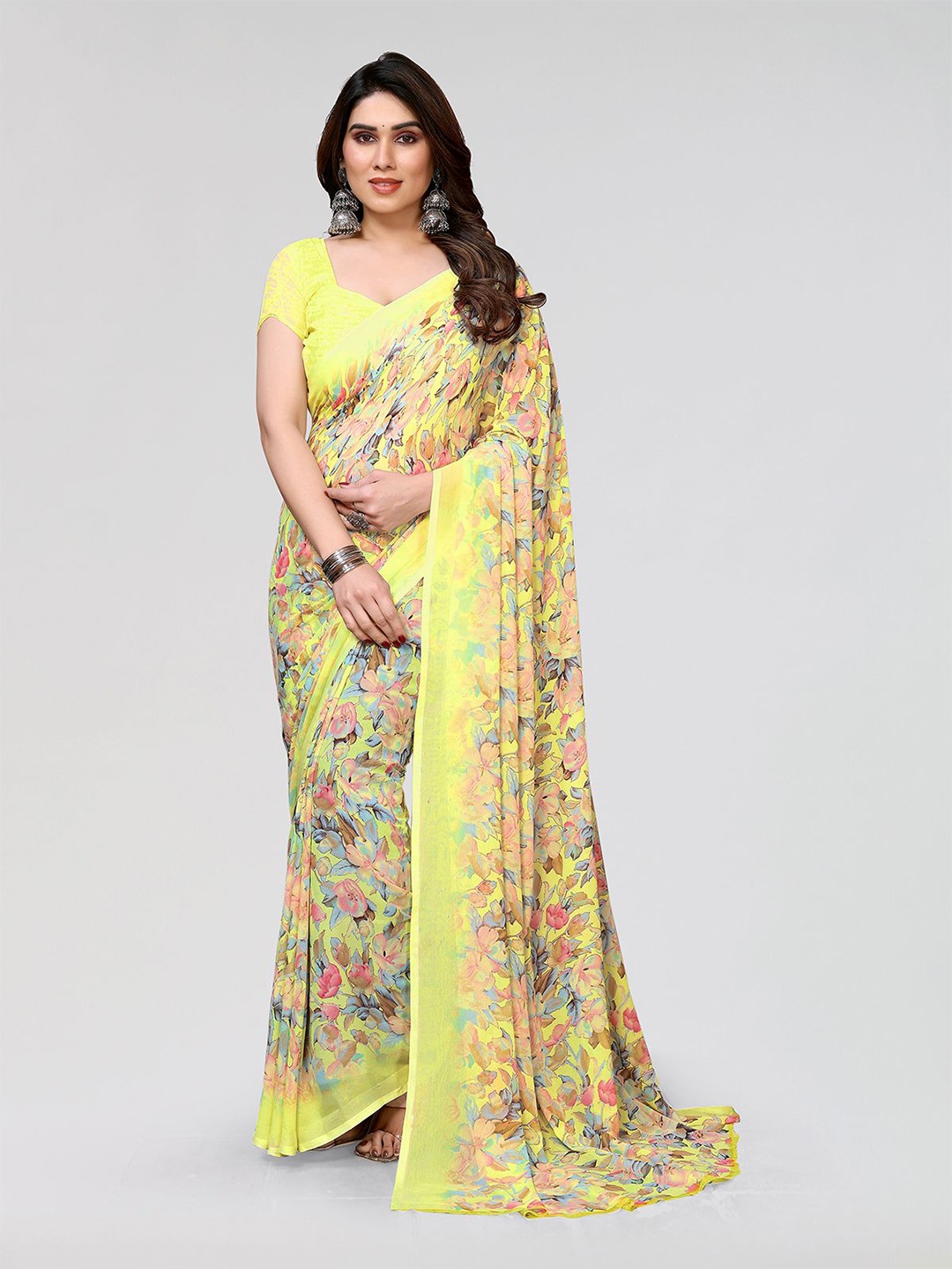 

Moda Rapido Floral Printed Saree with Blouse Piece, Yellow